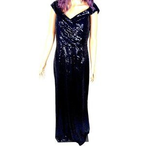 Vintage Marina Navy Blue Sequined Gown Size 12 Off The Shoulder Formal